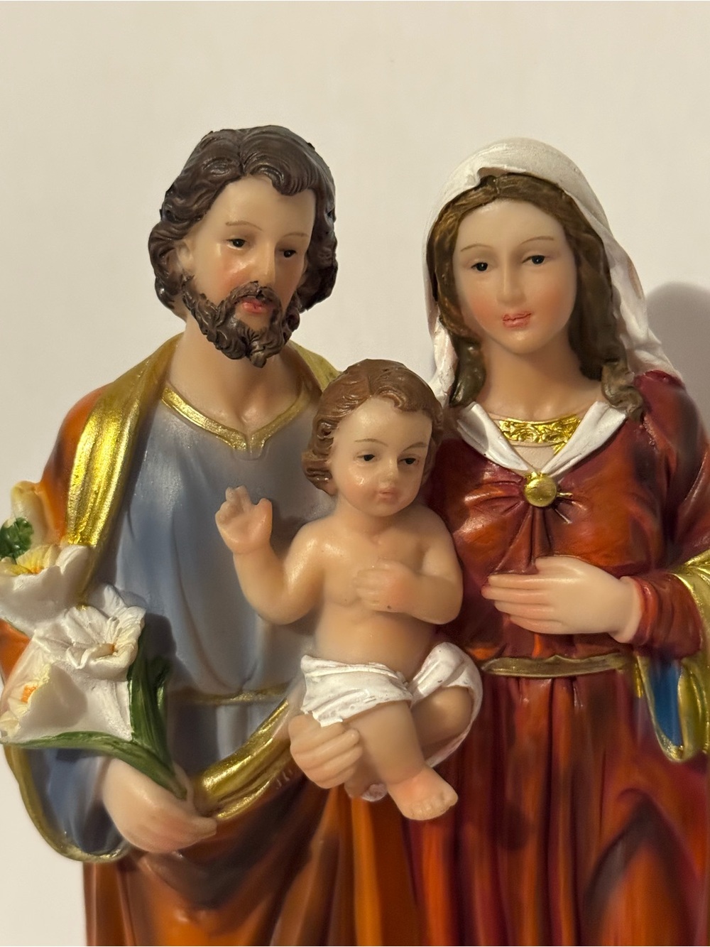 Holy Family Figurine - Red, White, Gold Accent - Decorative Home Holiday Statue